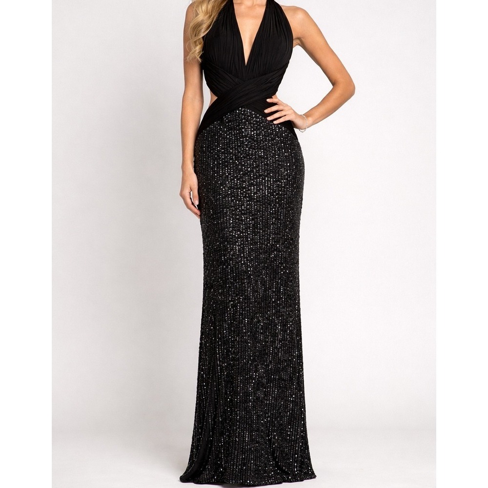 Tony Bowls Paris Gown Womens 10 Black Sequin Halter Slit Formal Dress NWT FLAW